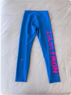 lululemon athletica Bright Blue Leggings with Hot Pink Logo